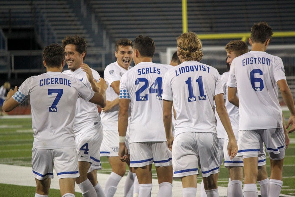 <p>UB men's soccer team celebrates after a win. The men's soccer team will be cut from UB Athletics starting fall 2017.&nbsp;</p>