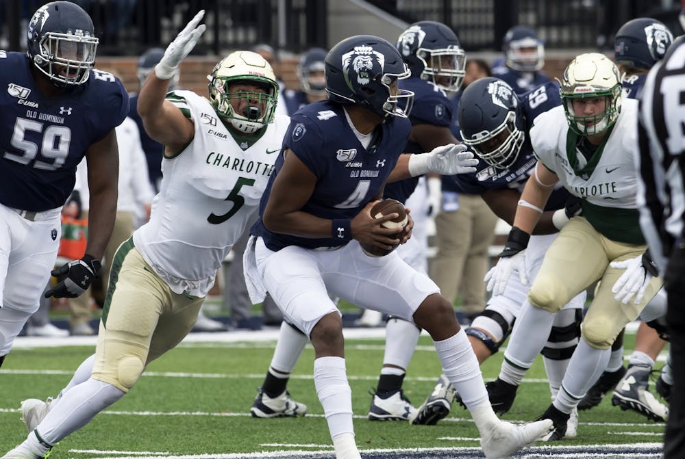 <p>Redshirt senior defensive end Alex Highsmith rushes the quarterback during a 38-22 win over Old Dominion.</p>