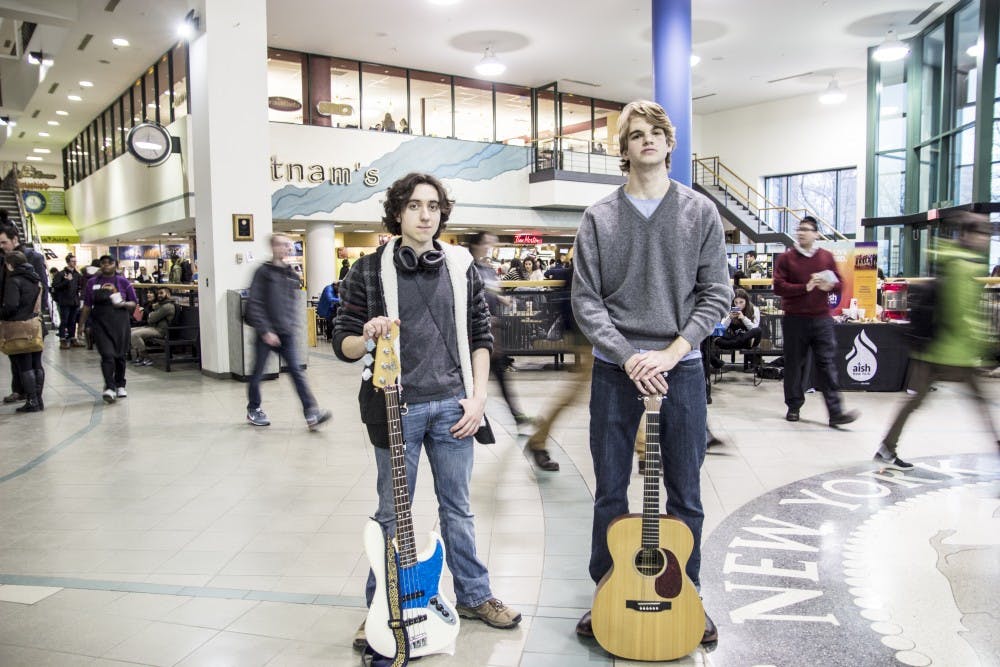 <p>Matt Sacha (left) and Daniel Heuskin (right) are members of The Rust City Project, an up-and-coming local alt-rock band. Sacha and Heuskin, along with their third member Anthony Berardi (not pictured) have been slowing building themselves up for their first live show at Broadway Joes on March 25.</p>