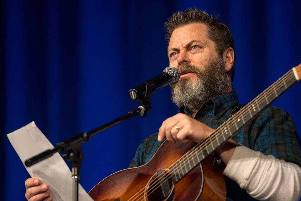 <p>Nick Offerman performs at Alumni Arena for the Student Association's annual Comedy Series&nbsp;Saturday night. Offerman discussed many topics, including gadgets and his "full bush," in a performance he said he couldn't keep PG-13.&nbsp;</p>