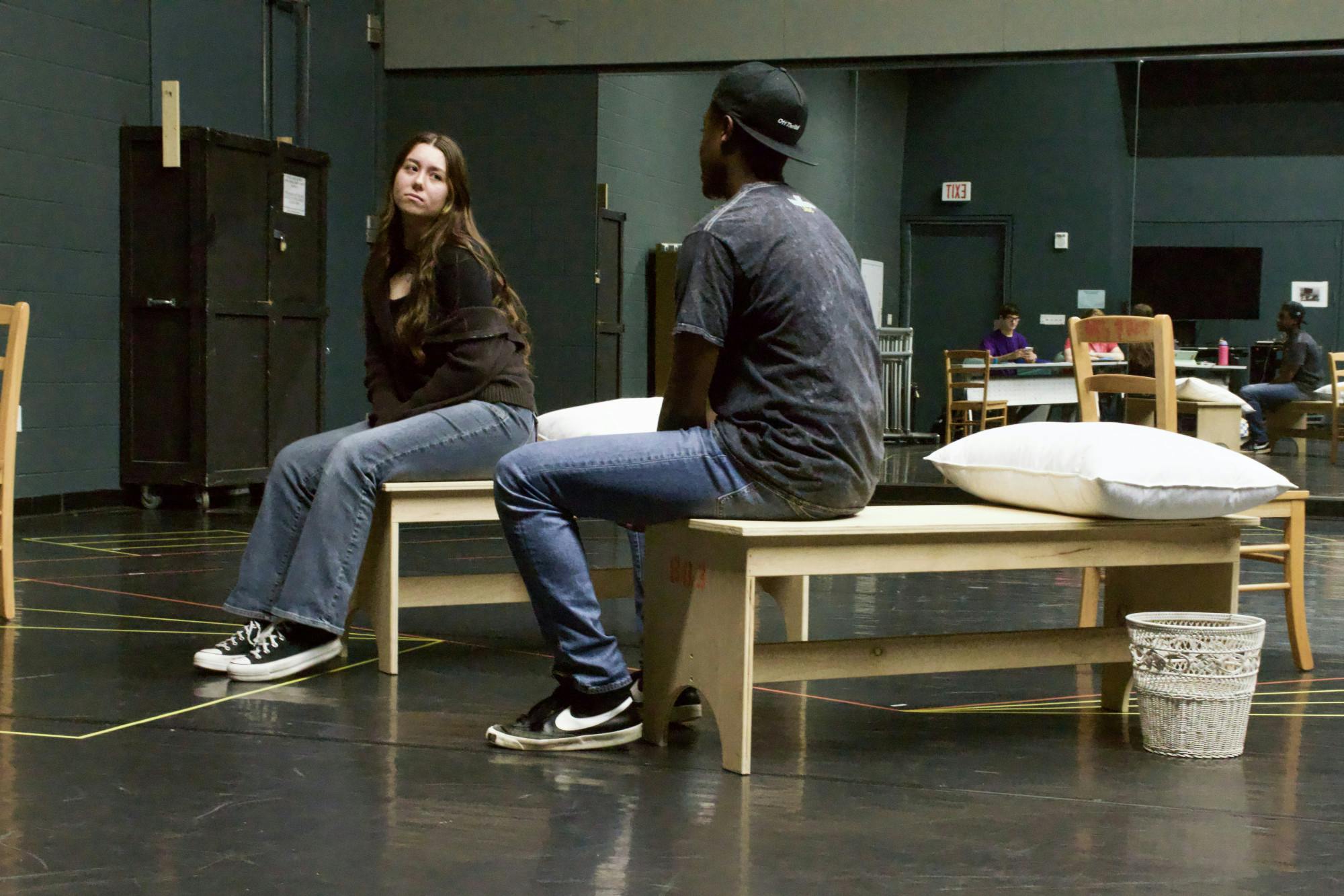 Actors rehearse for the debut of Gruesome Playground Injuries, a fully student-directed play.