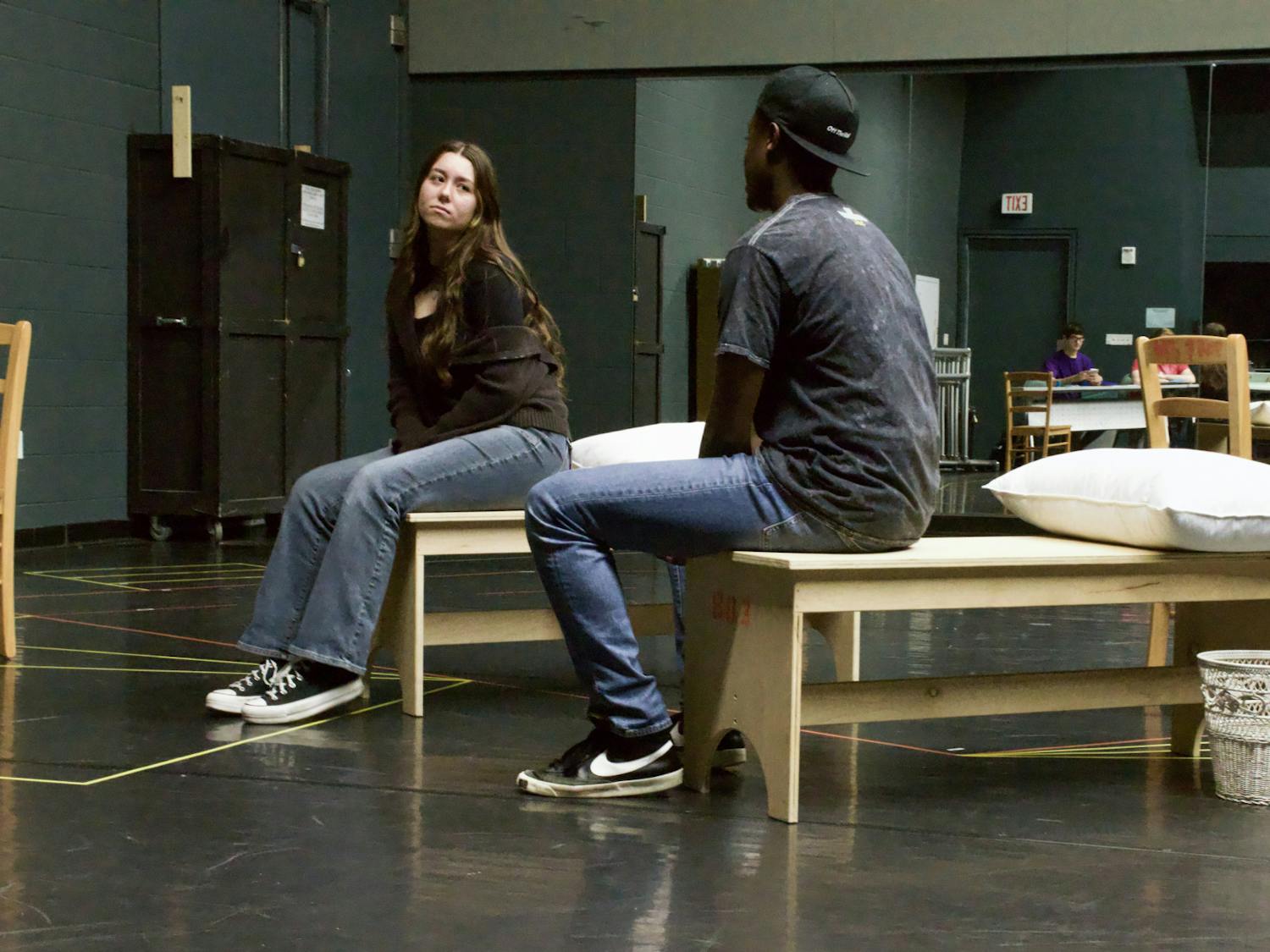 Actors rehearse for the debut of Gruesome Playground Injuries, a fully student-directed play.