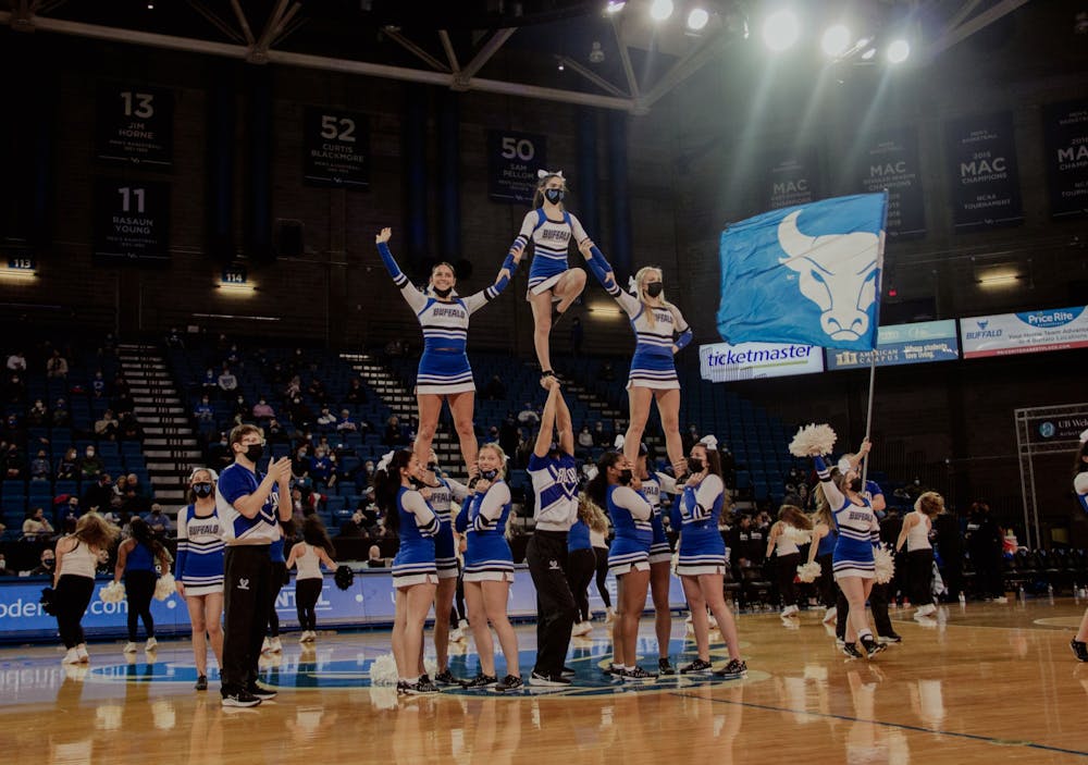 <p>UB Cheerleaders delight fans during a recent men’s basketball game.&nbsp;</p>
