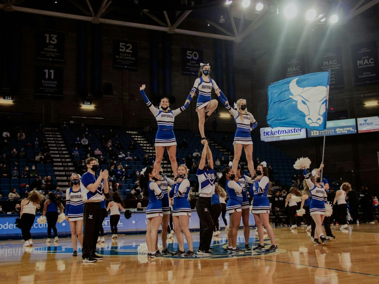 UB Cheerleaders delight fans during a recent men’s basketball game.&nbsp;