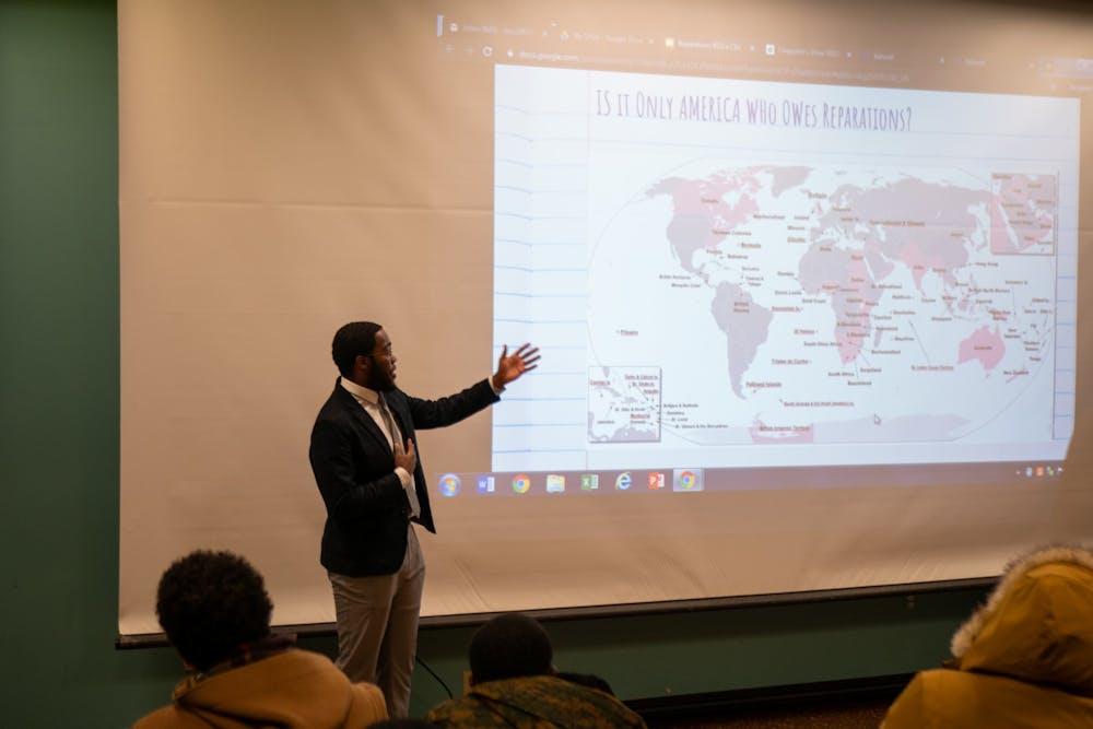 <p>BSU and CSA presented videos by Marianne Williamson and Dr. Umar Johnson speaking about reparations. The reparations discussion was held at Student Union on Thursday.</p>