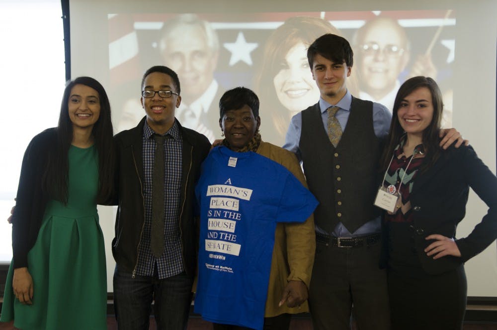 <p>Minahil Khan, Daniel Carter, New York State Assemblywoman Crystal Peoples-Stokes, Shane Nolan and Corrine Cardinale at Elect Her on Saturday. Khan, Carter, Nolan and Cardinale planned the event, which featured keynote speaker Peoples-Stokes.</p>