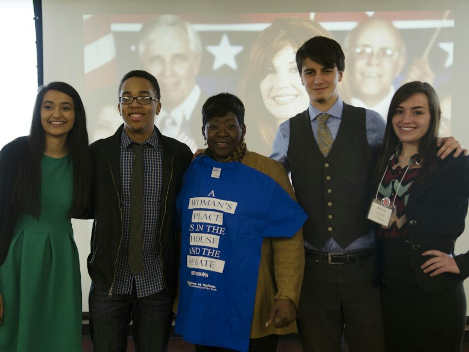 Minahil Khan, Daniel Carter, New York State Assemblywoman Crystal Peoples-Stokes, Shane Nolan and Corrine Cardinale at Elect Her on Saturday. Khan, Carter, Nolan and Cardinale planned the event, which featured keynote speaker Peoples-Stokes.