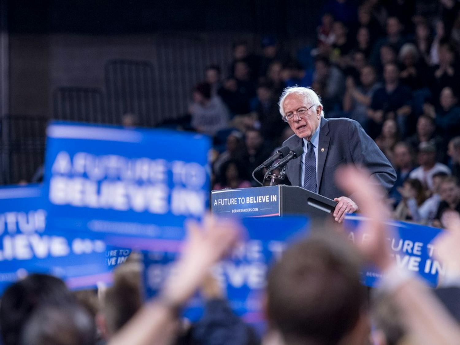 Democratic presidential candidate Bernie Sanders spoke at Alumni Arena for his "A Future to Believe In Rally" on Monday night. More than 8,000 people packed the arena to hear him speak.