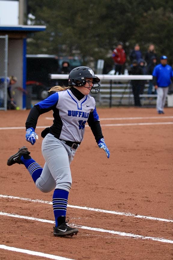 Sophomore outfielder Marlee Shaffer rounds first base off a hit. The Bulls lost a doubleheader against the Bowling Green Falcons on Friday at home.