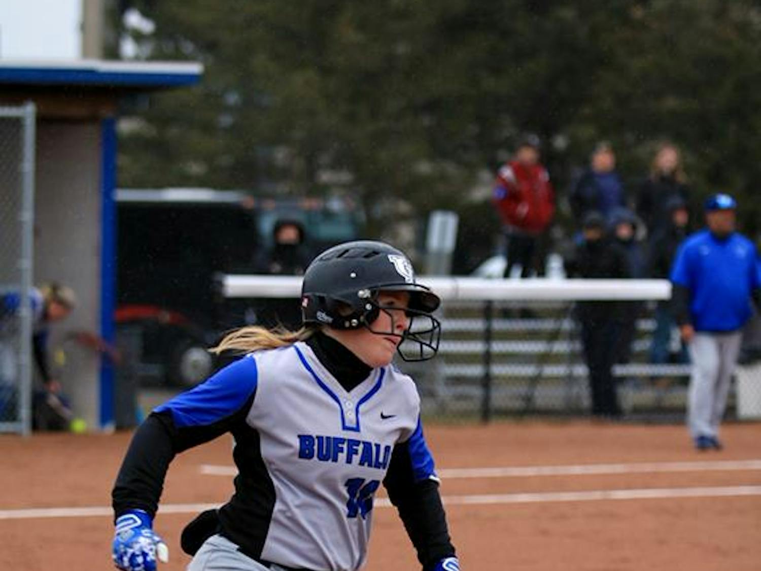Sophomore outfielder Marlee Shaffer rounds first base off a hit. The Bulls lost a doubleheader against the Bowling Green Falcons on Friday at home.