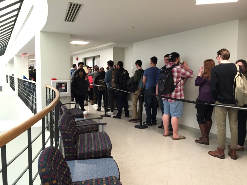 <p>UB students wait outside the SA office for Bernie Sanders priority tickets.&nbsp;Tickets were gone within the first 45 minutes.</p>