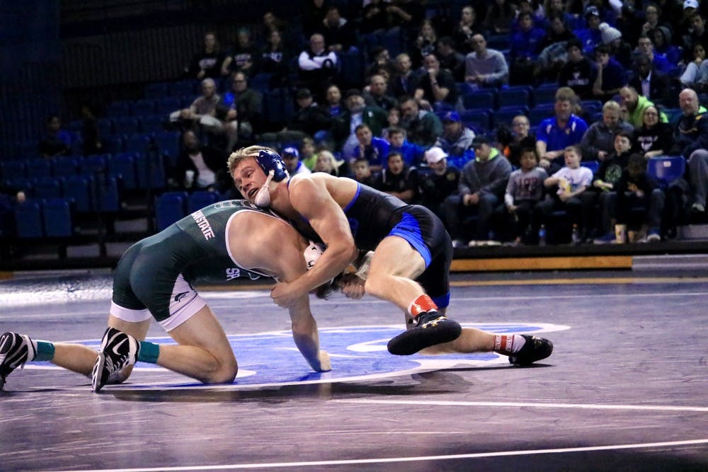 <p>Redshirt junior Bryan Lantry grapples with an opponent. Lantry will be looking to claim his first Mid-American Conference championship this weekend when the Bulls compete in the MAC wrestling championships.</p>
