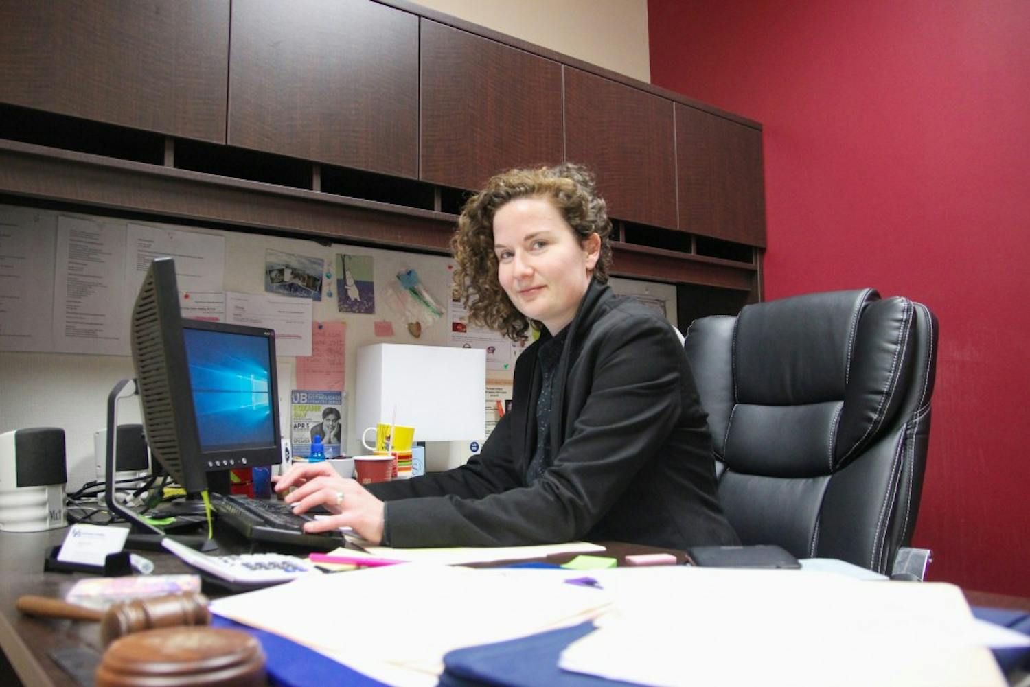 Tanja Aho, president of the Graduate Student Association, sits in her office. Aho is putting forward a resolution to make university officials aware of graduate students' concerns with on-campus housing.&nbsp;