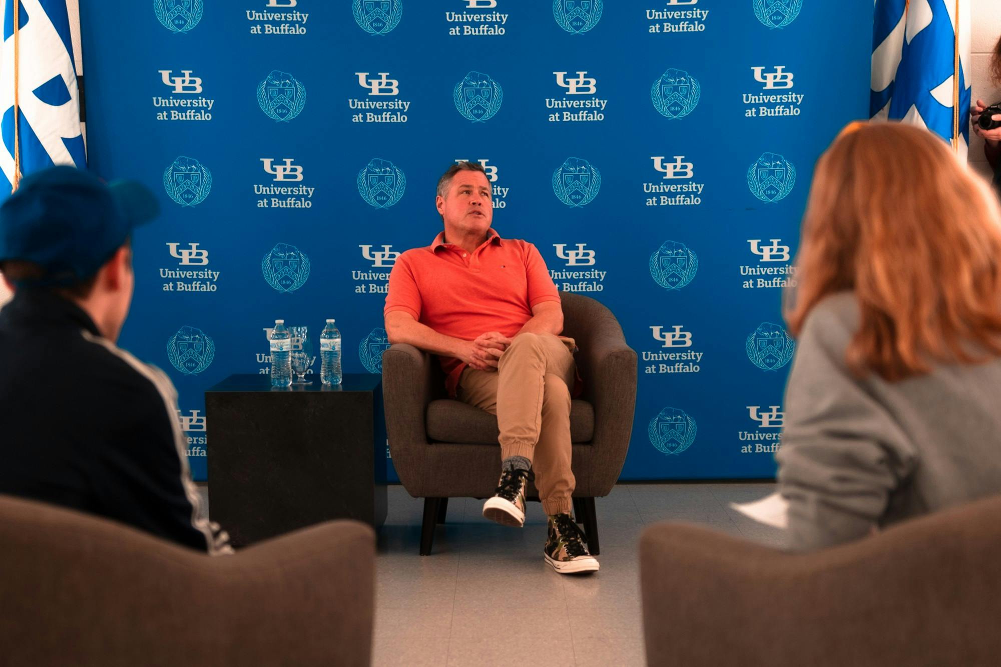Spectrum editors Justin Weiss (left) and Julie Frey (right) spoke to Jeff Corwin for 20 minutes prior to his Distinguished Speakers Series presentation Tuesday.