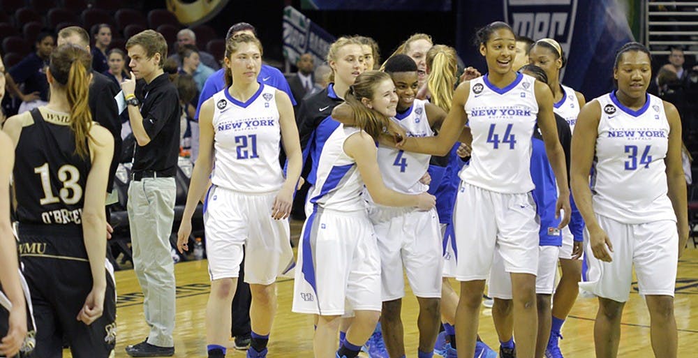 <p>The UB Bulls celebrate after a quarterfinals victory over Western Michigan.</p>