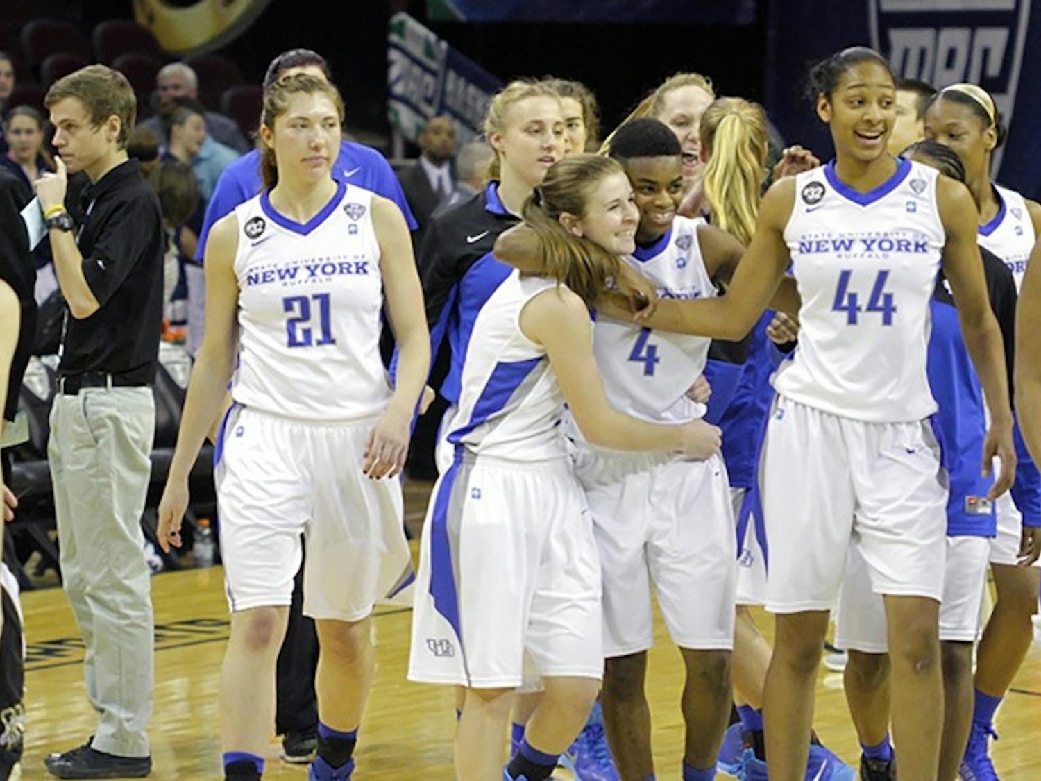 The UB Bulls celebrate after a quarterfinals victory over Western Michigan.