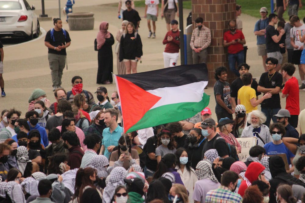 A gathering of students at a pro-Palestine protest.