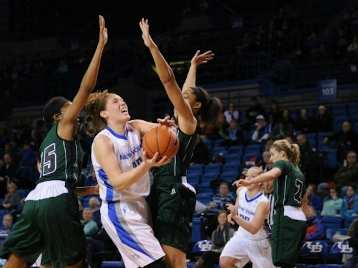 Kristen Sharkey had a team-high 13 points, 11 rebounds, three assists, three steals and one block in Buffalo's 55-44 win over Western Michigan
Saturday. Yusong Shi, The Spectrum