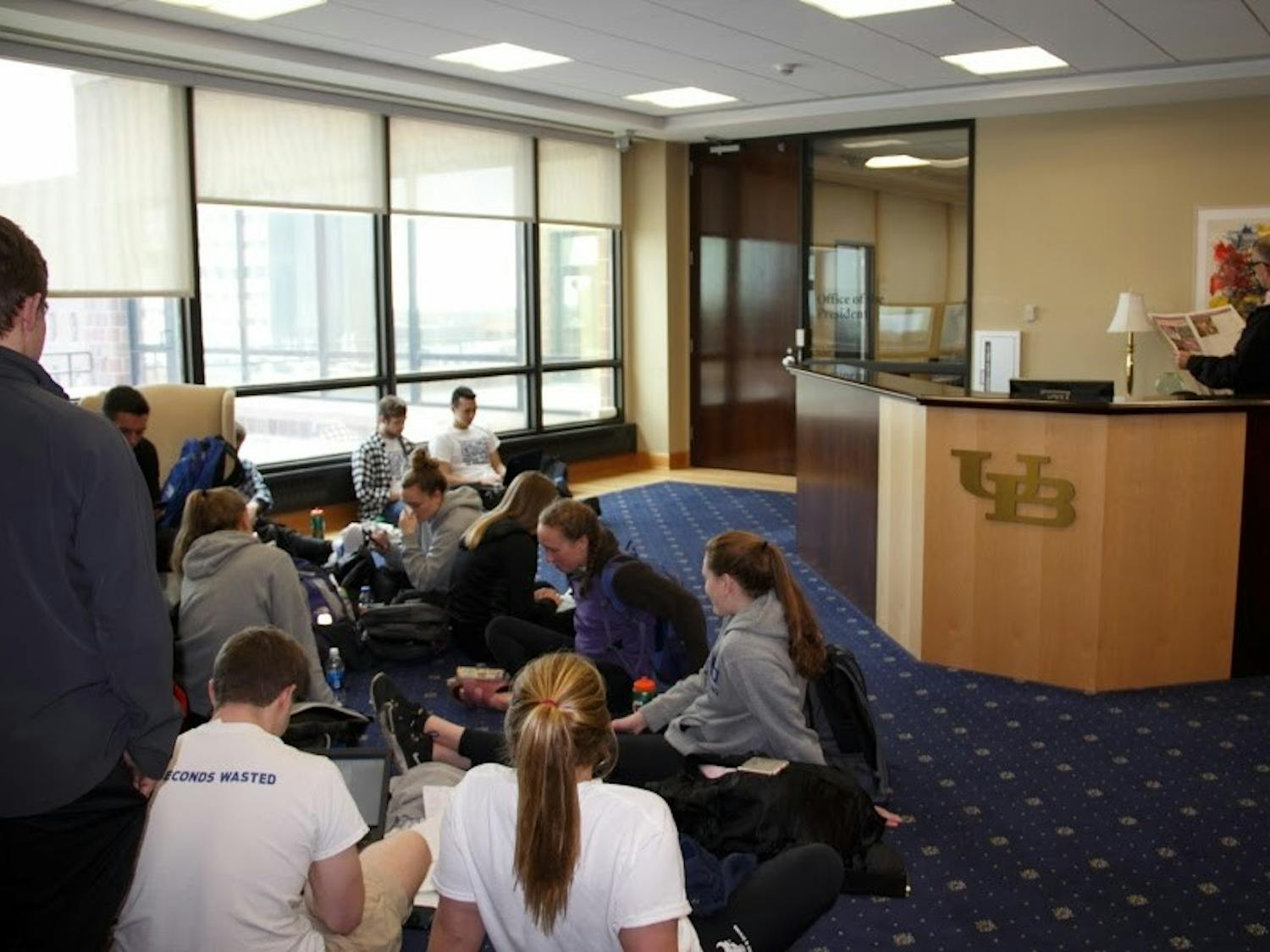 Members of UB's swimming and diving program held a sit-in outside President Tripathi's office Monday.&nbsp;