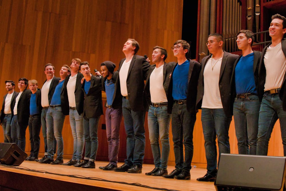<p>The Buffalo Chips assemble together on stage after their annual Fall Classic at Slee Hall on Saturday. The Chips celebrate their 25th anniversary next year.</p>