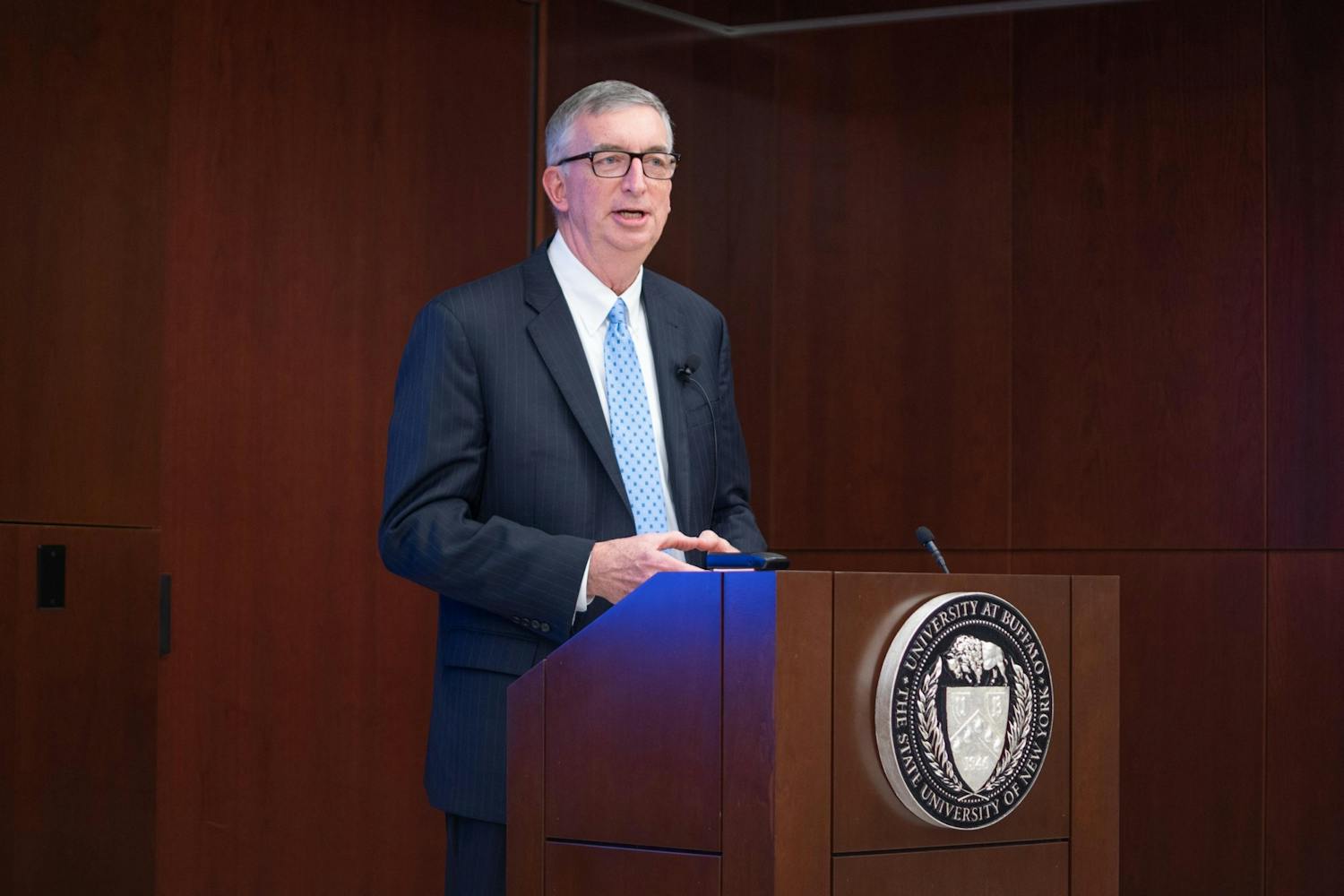 Weber speaks at his provost pitch in December. The Spectrum talked with the provost Tuesday about how UB is handling the shift to "distance learning." 