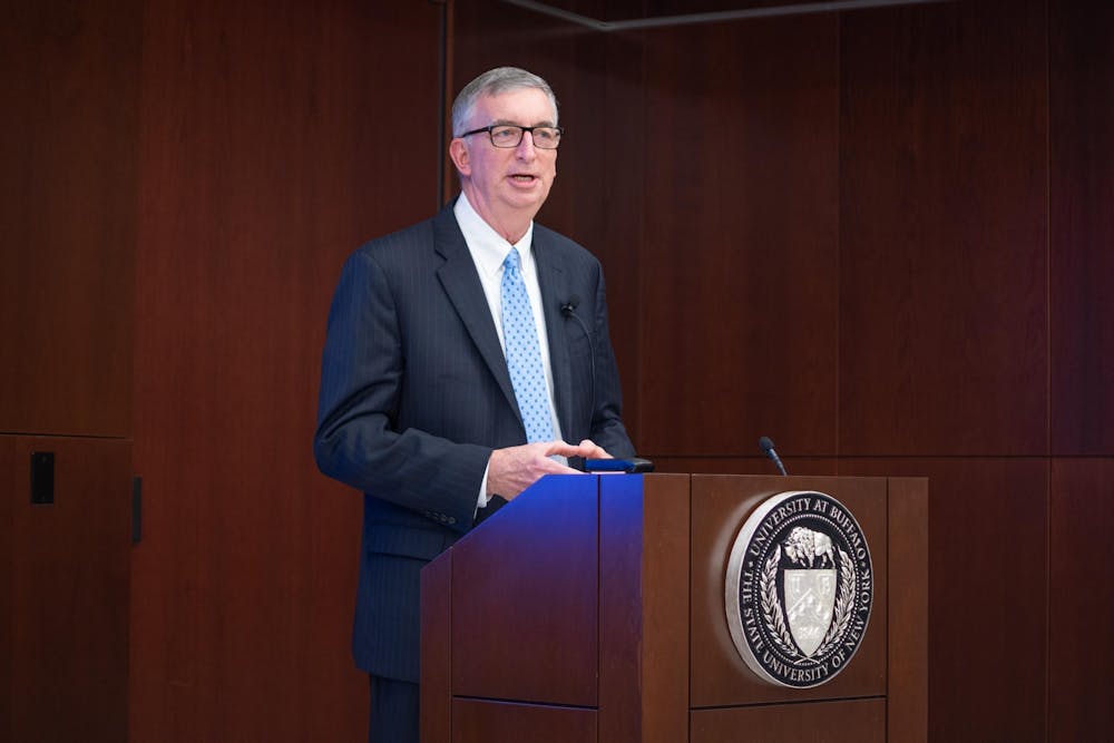 Weber speaks at his provost pitch in December. The Spectrum talked with the provost Tuesday about how UB is handling the shift to "distance learning." 