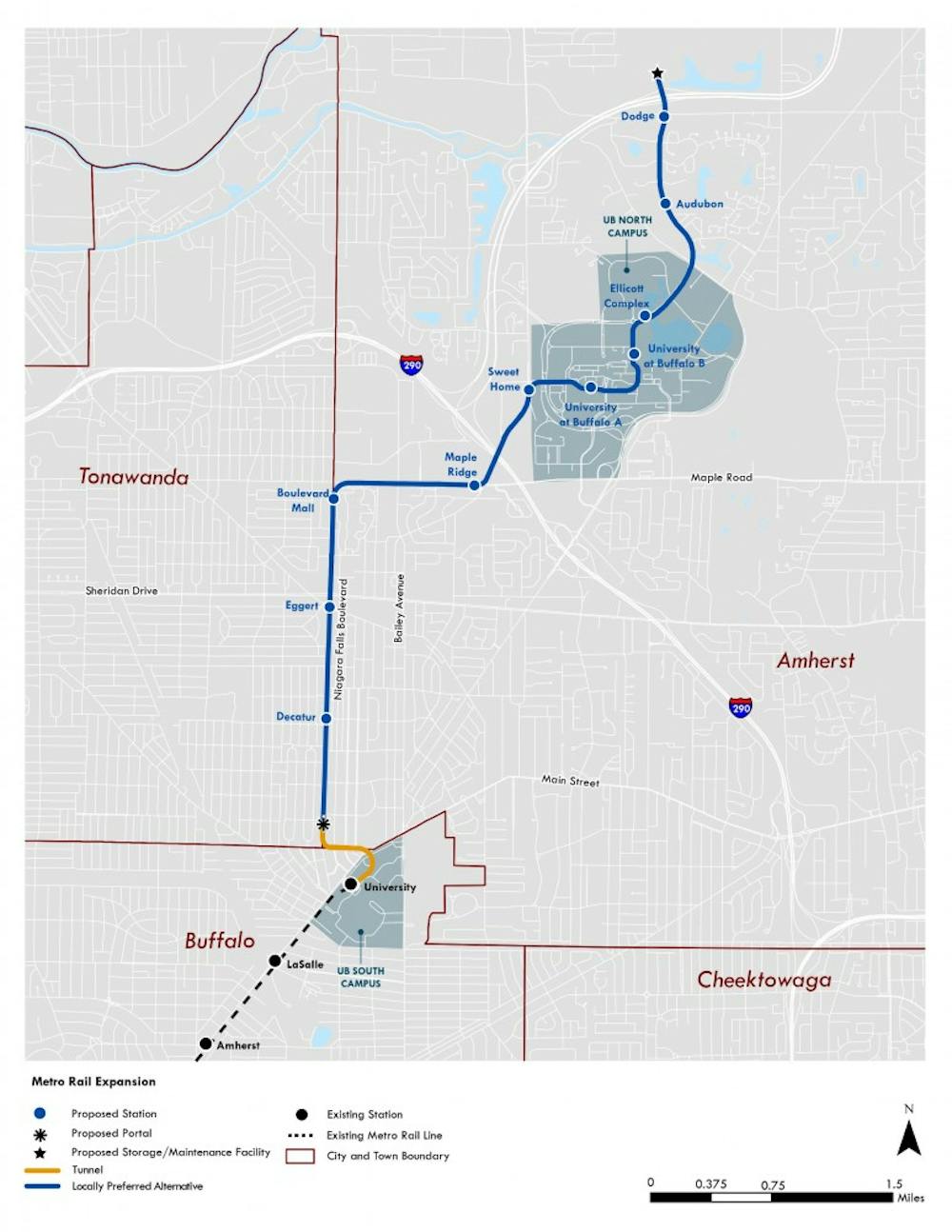 <p>A proposed map of the metro rail expansion which will “seamlessly connect” UB North Campus and Downtown Buffalo.</p>