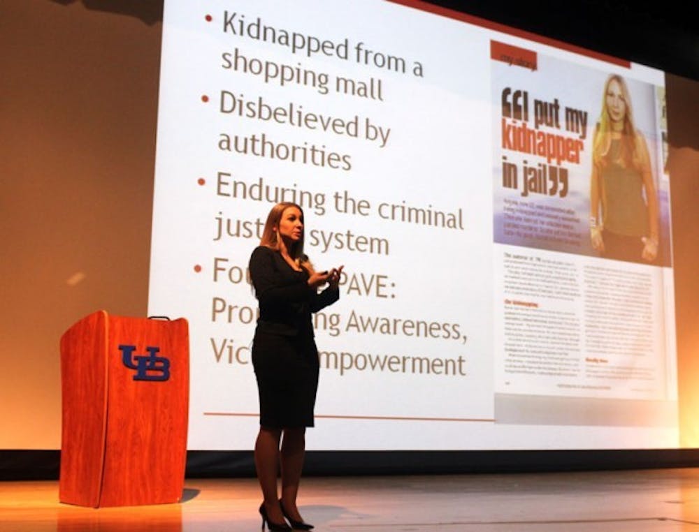 During the 26th annual Take Back the Night at UB, Angel Rose, a sexual assault survivor and founder and executive director of Promoting Awareness, Victim Empowerment (PAVE), shared her personal story and educated college students on how they can combat the issue on their own campuses.&nbsp;Cletus Emokpae, The Spectrum