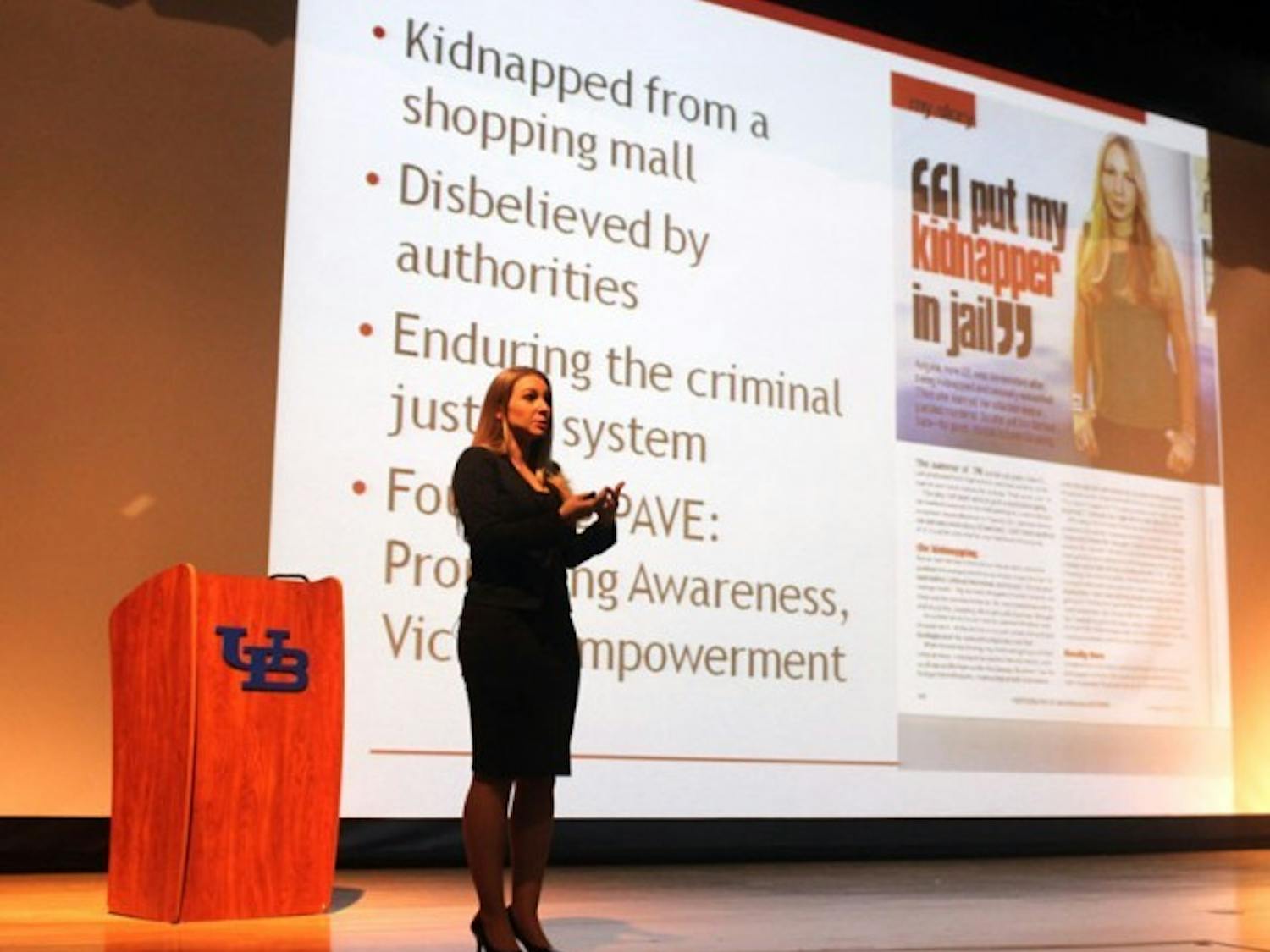 During the 26th annual Take Back the Night at UB, Angel Rose, a sexual assault survivor and founder and executive director of Promoting Awareness, Victim Empowerment (PAVE), shared her personal story and educated college students on how they can combat the issue on their own campuses.&nbsp;Cletus Emokpae, The Spectrum