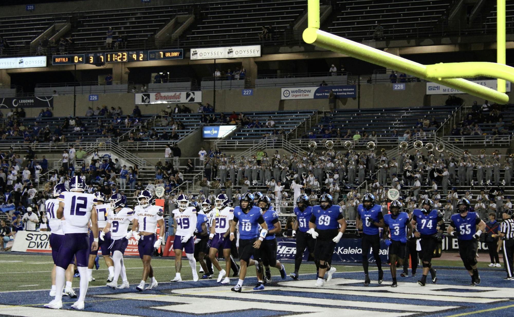 Nearly three hours late to take the field due to severe lightning and thunderstorms, the Bulls (1-0, 0-0 MAC) struck its first win of the season in the game’s final seconds; defeating University of Albany Great Danes in 21-17 Thursday night.
