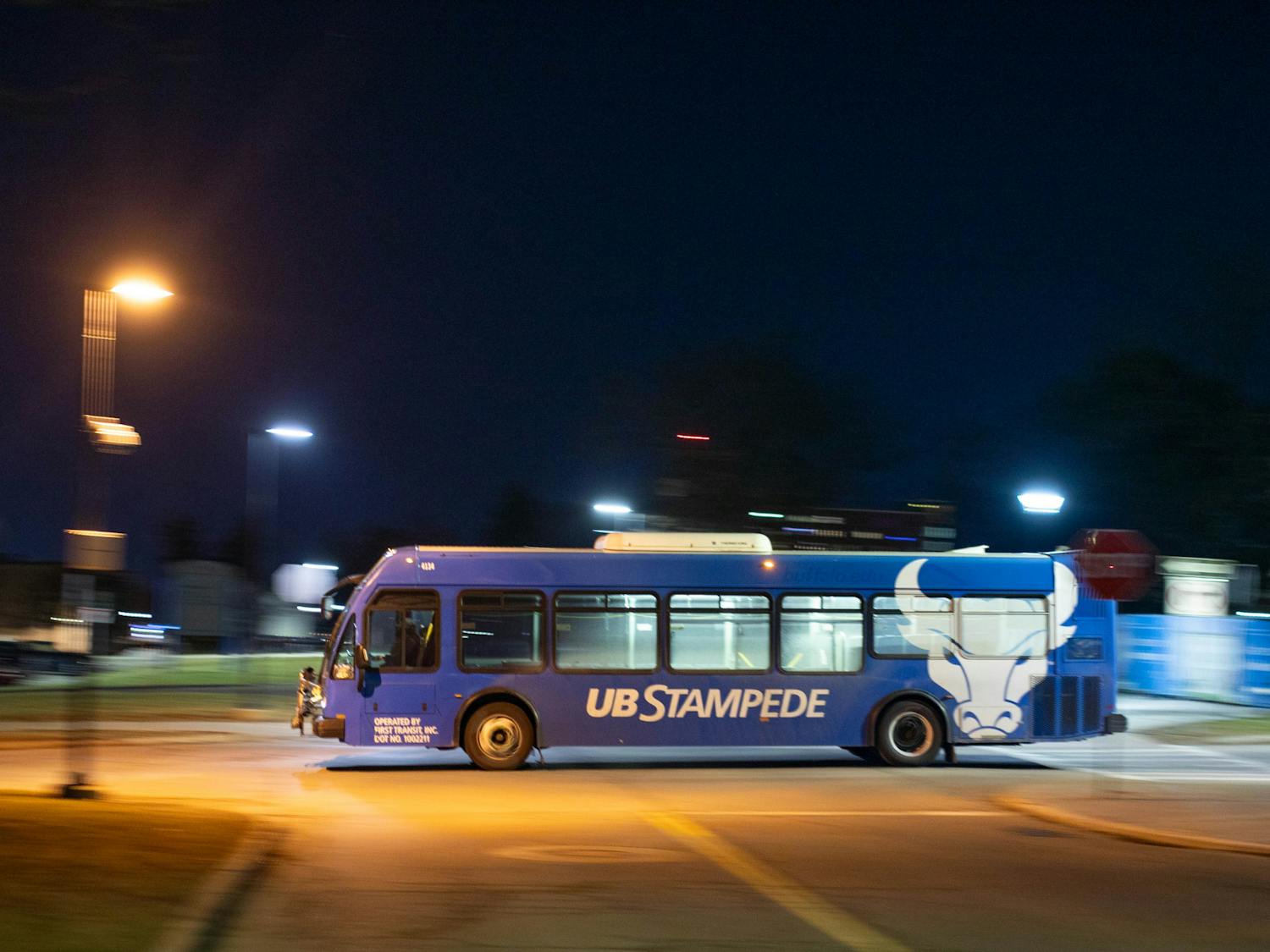 A Stampede bus departs from a South Campus stop. The majority of the fleet is still powered by fossil fuels.
