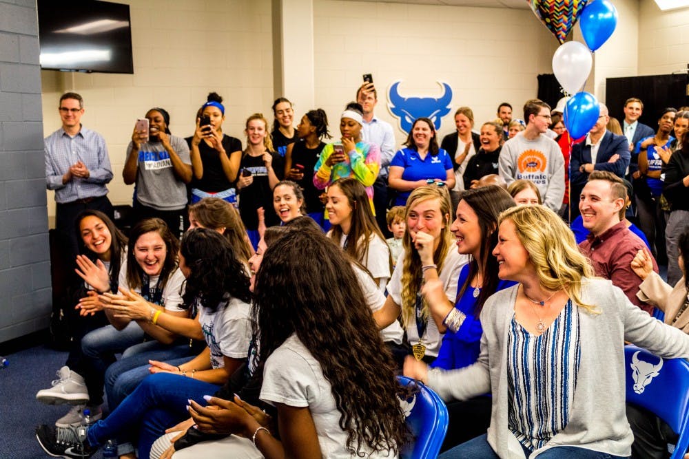 <p>The women’s tennis team reacting to the announcement of its first round NCAA Tournament opponent, the Northwestern Wildcats. The Bulls will travel to Evanston, Illinois for the first round matchup on May 11.</p>