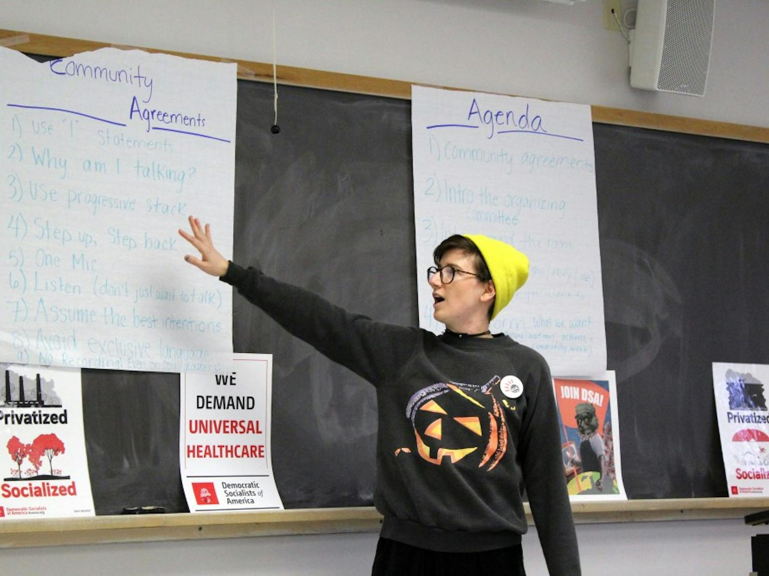 Founding member Laura Kerrigan, a second-year graduate student in American studies, leads the first meeting of the new YDSA chapter. The group's arrival to campus is indicative of a growing interest in socialism nationwide.