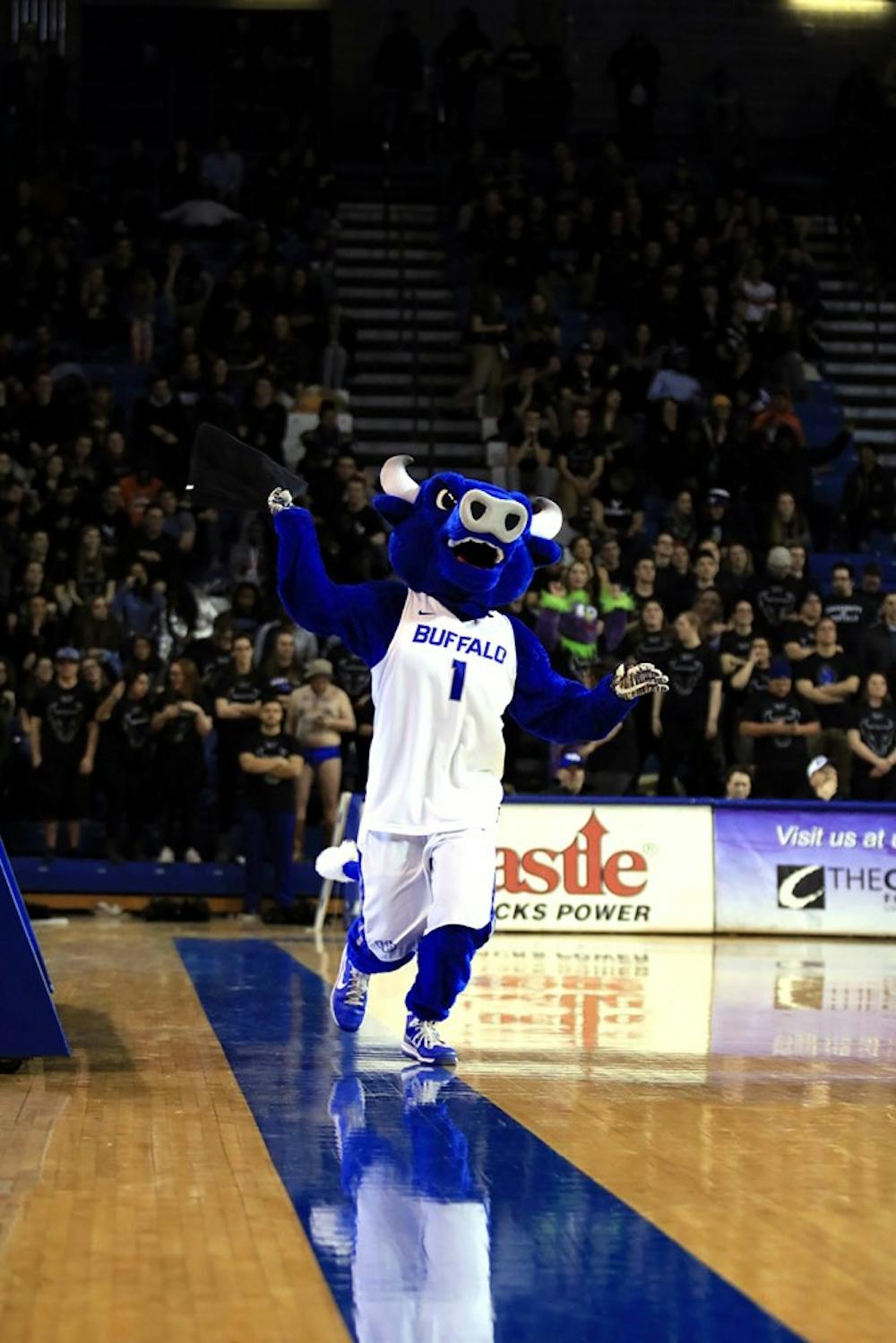 <p>Victor E. Bull runs down the court in Alumni Arena. The Bulls have their final five games of the regular season left.</p>