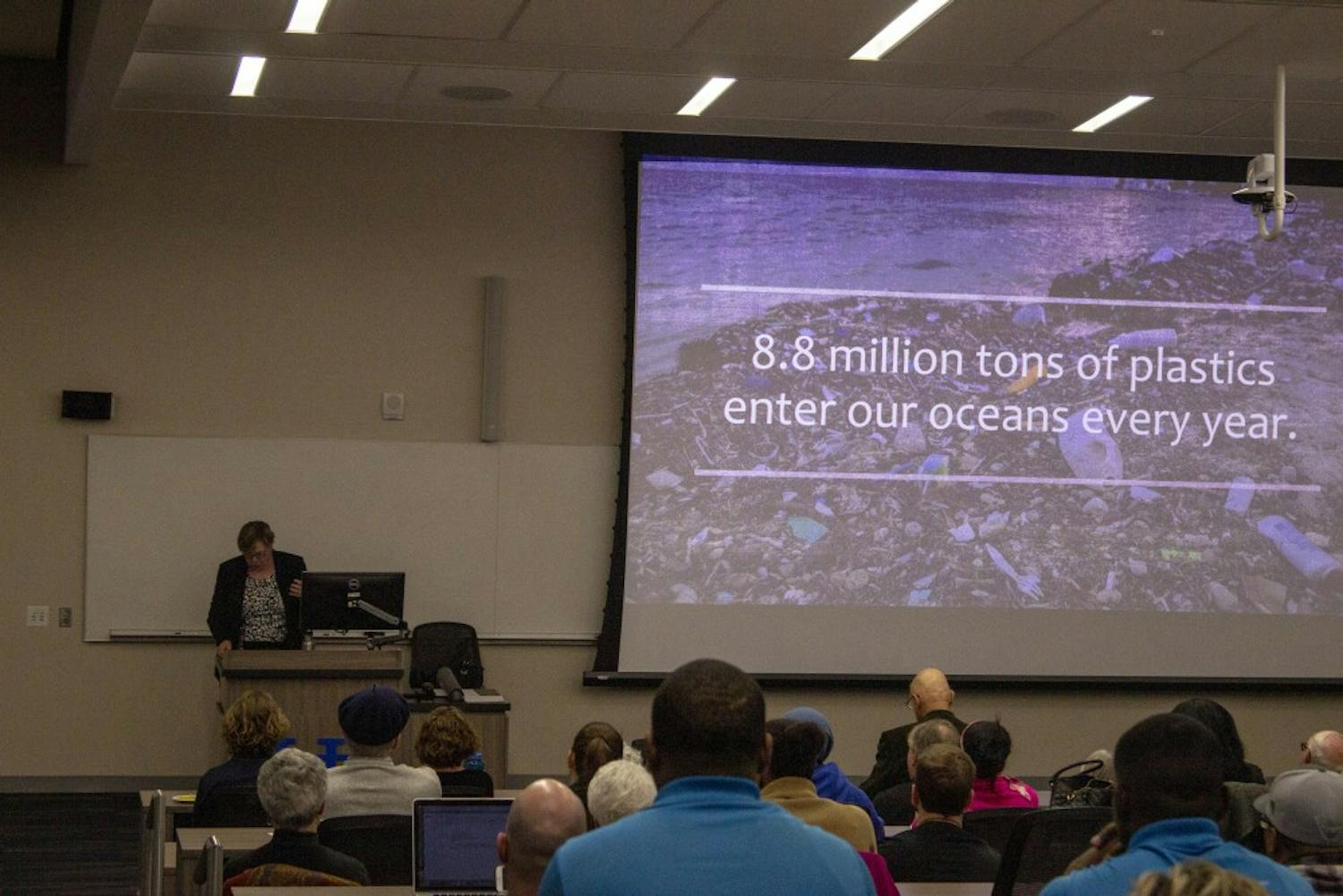 Judith Enck, a former Environmental Protection Agency regional administrator under the Obama administration, discusses the dangers of single-use plastics. Enck visited UB to discuss Beyond Plastics, a program which aims to reduce plastic pollution.