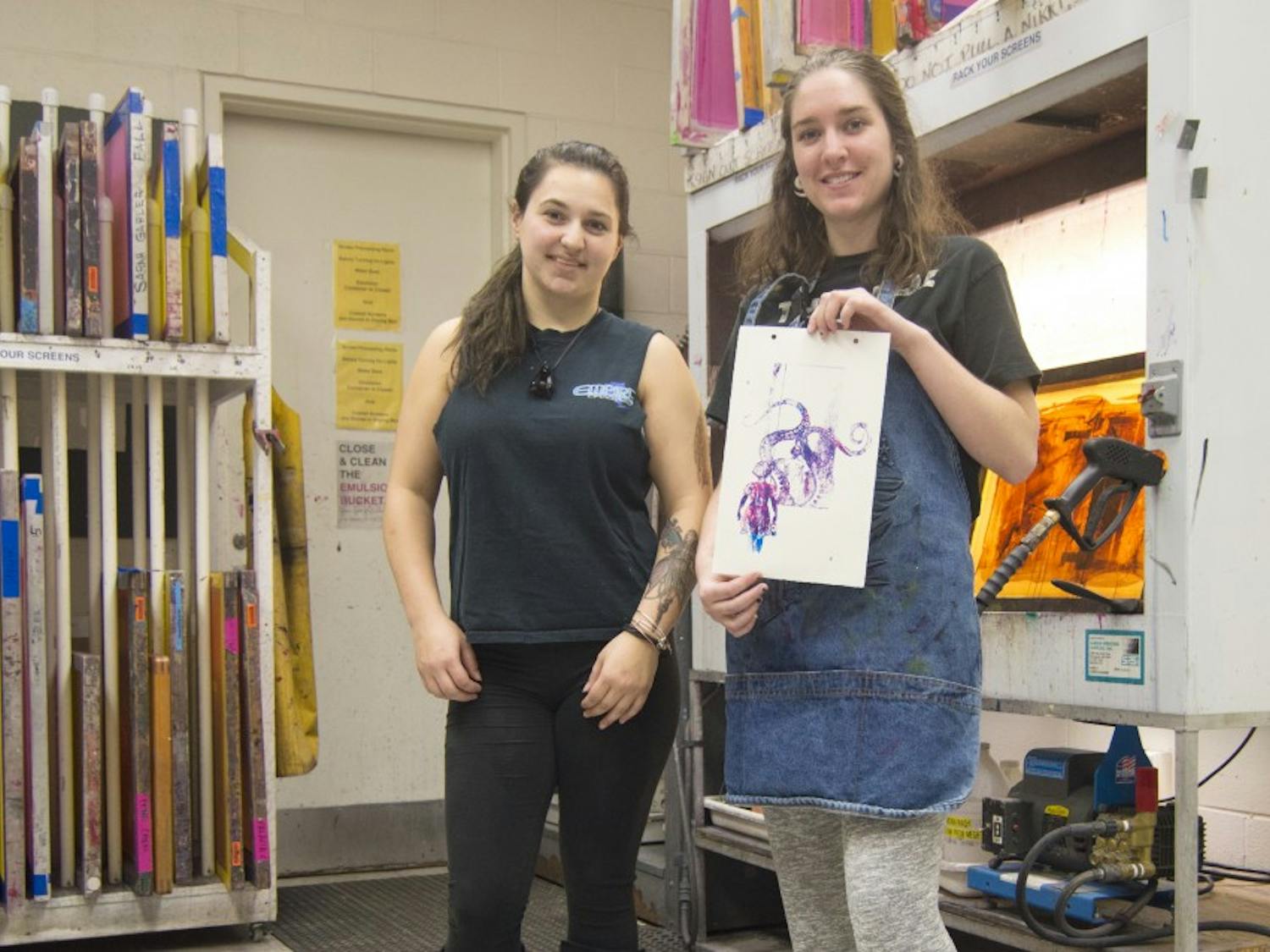Annive Farrand, a junior studio art major, and&nbsp;Sierra Thurston, a senior graphic design major, are working on their final art projects for the semester.&nbsp;