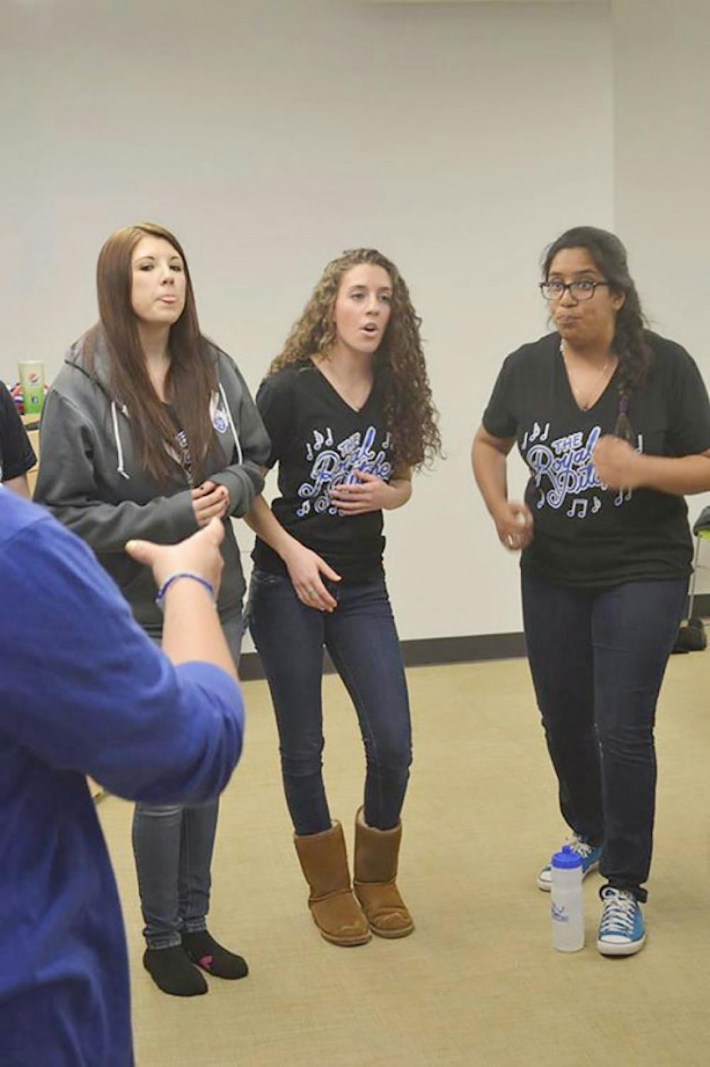 Raquel Sosnovich, center, enjoys singing with the friends she made after joining The Royal Pitches. The Royal Pitches, an on-campus all-girls a capella group, provides Sosnovich, as well as many other girls, an opportunity to pursue their passion for singing. Courtesy of Lily Weisberg
&nbsp;