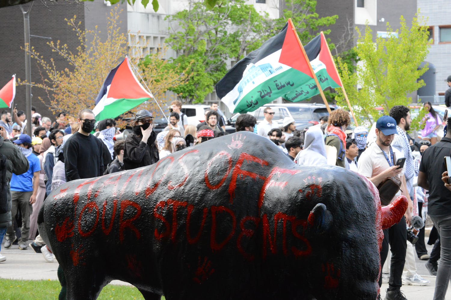 Hundreds of students and area residents marched on North Campus Friday to protest UB's handling of Wednesday's protest and to continue to call on UB to divest from Israel.&nbsp;