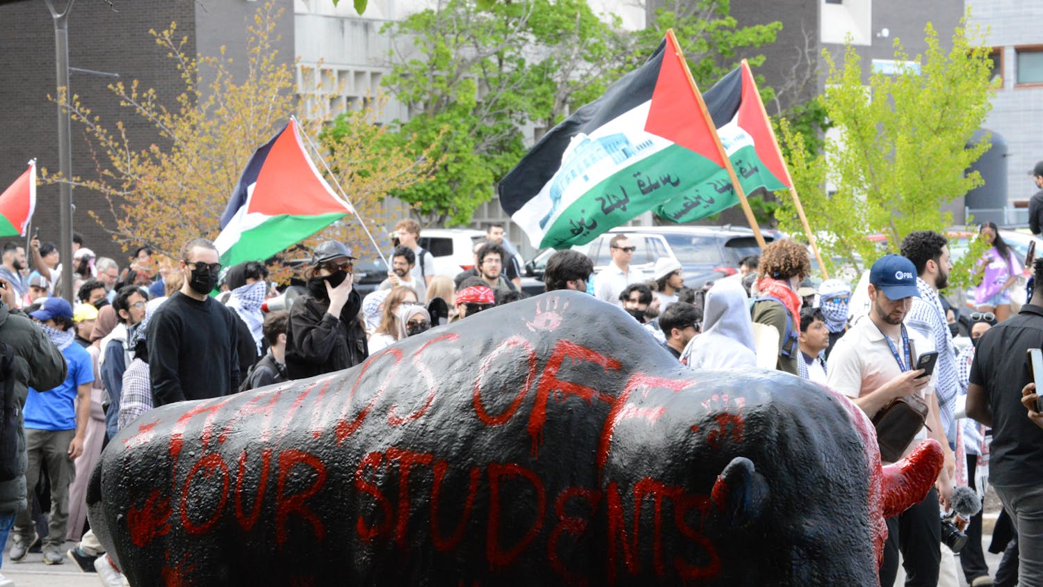 Hundreds of students and area residents marched on North Campus Friday to protest UB's handling of Wednesday's protest and to continue to call on UB to divest from Israel.&nbsp;