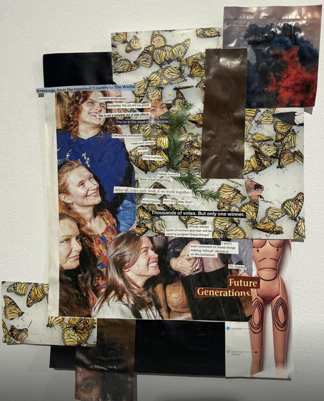The title of the exhibition, "Greetings from the Happiest Country in the World" is derived from the piece, "GFtHCitW” by Caitlin Andrejova.