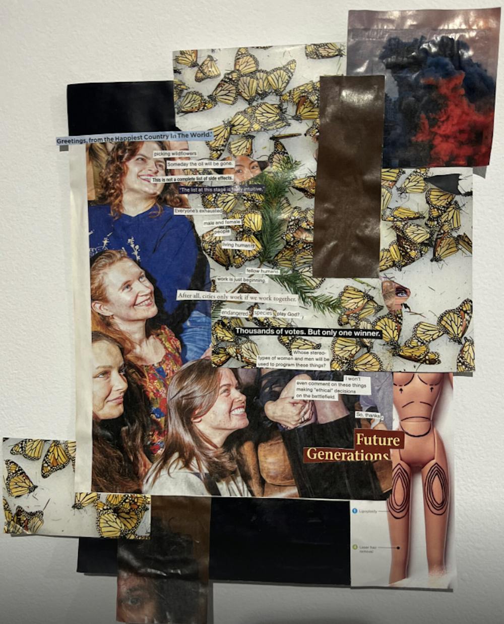 The title of the exhibition, "Greetings from the Happiest Country in the World" is derived from the piece, "GFtHCitW” by Caitlin Andrejova.