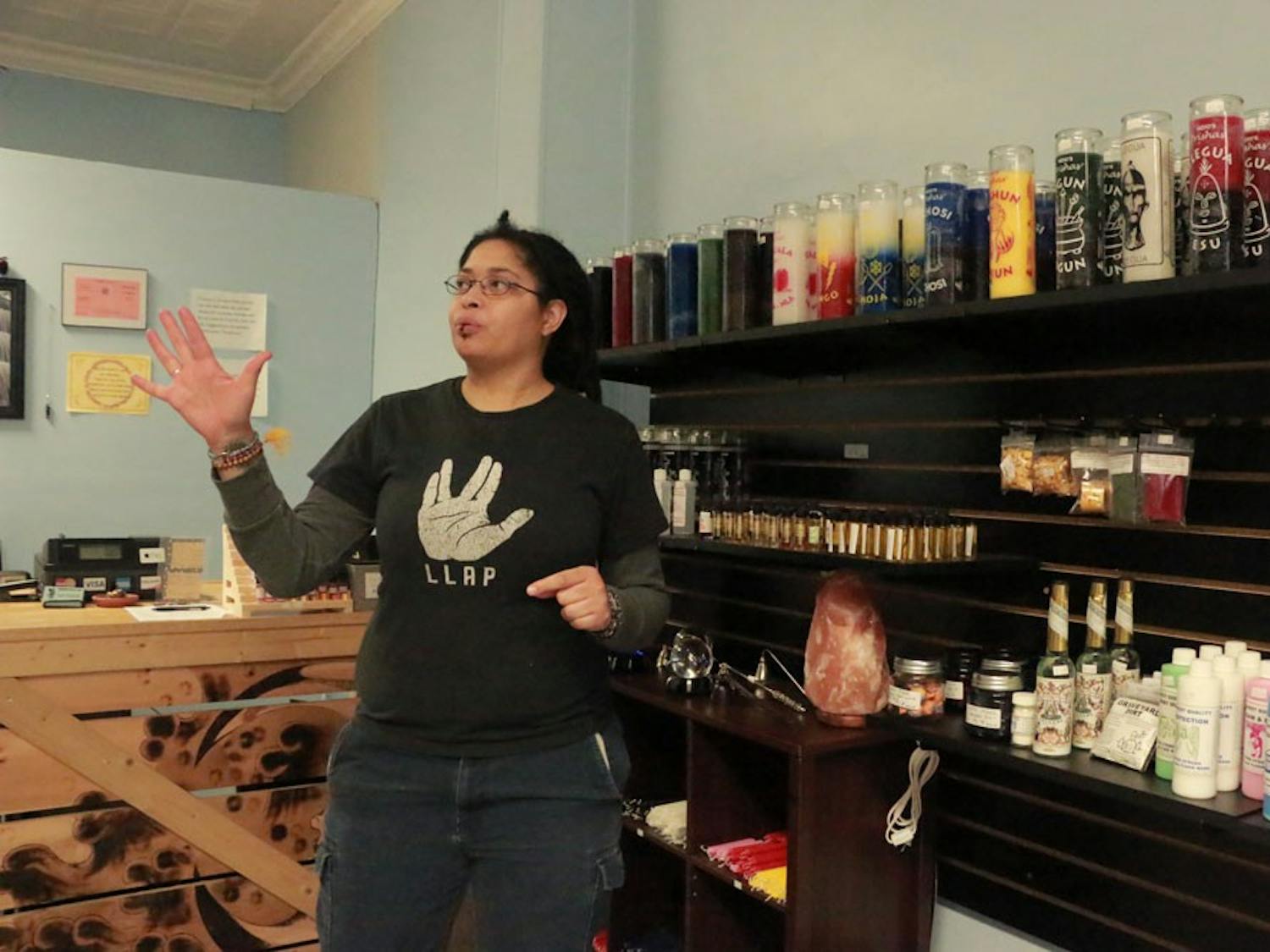 Kurtlyn Cunningham, owner of Love, Light &amp; Magick, shows off some of her store’s goods. Love Light &amp; Magick is one of many spiritual specialty stores scattered around Buffalo, alongside Strange Brew in Kenmore and Spiritually Rooted in North Tonawanda, which form the core of Buffalo’s metaphysical community, often offering tarot readings, psychic development workshops and henna drawings.