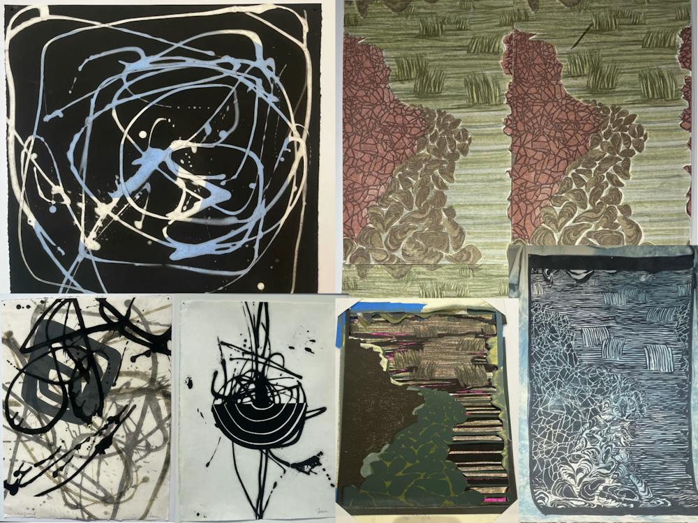 <p>A collage of “First Turning” by Sherin (top left), “No Solid Ground” by Sherin (bottom left), “After the Divide” by Sherin (middle bottom), three untitled pieces from Maciuba’s “Natural Mythologies.”&nbsp;</p>
