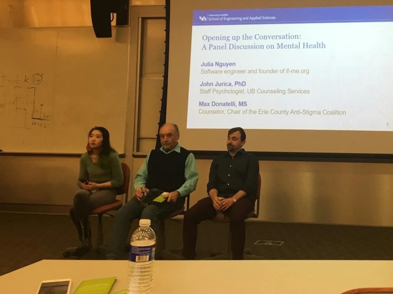 (Left to right) Panelists Julia Nguyen, Max Donatelli and John Jurica answered audience questions following Nguyen’s talk. Nguyen spoke about mental health and STEM majors Friday night.
