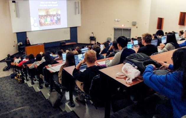 Kaitlin Ahern, a third year Ph.D. student of anthropology and TA for world civilizations, teaches a class in Knox 104. World civilizations is one of the general education requirements that would be affected under a new proposal to revamp UB&#39;s general education program. Yusong Shi, The Spectrum