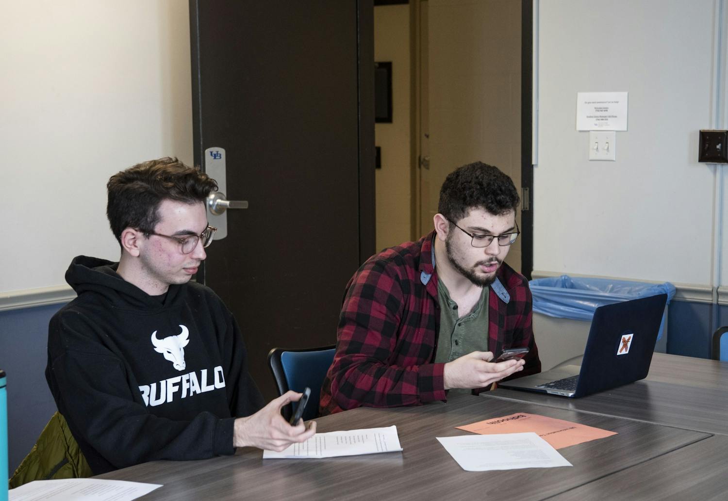 Sophomore Brendan Kelly and UB College Democrats President Brandon Hoolihan at the phone banking drive (left to right).