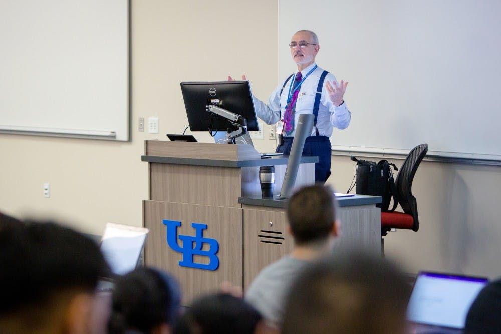 Students attend the first class in the new building for the Jacobs School of Medicine and Biomedical Sciences. Photographer: Meredith Forrest Kulwicki