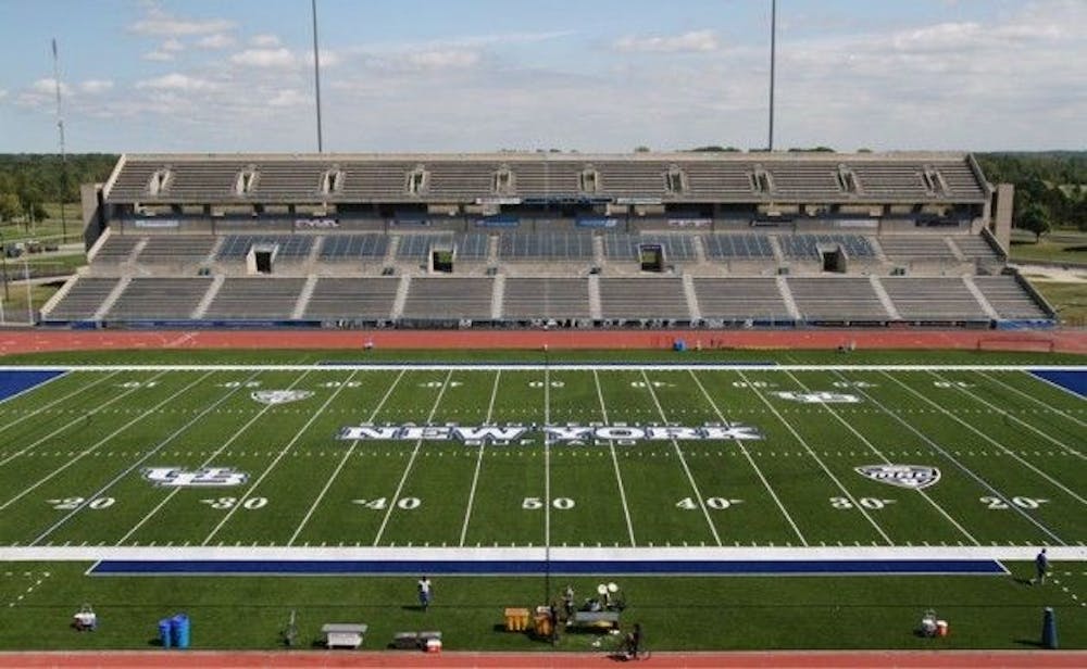 <p>UB Stadium's field turf was changed to reflect the "New York" wordmark in the summer of 2014. UB announced the end of the wordmark on Tuesday, with new logos and marks emphasizing "Buffalo" for UB Athletics.&nbsp;</p>