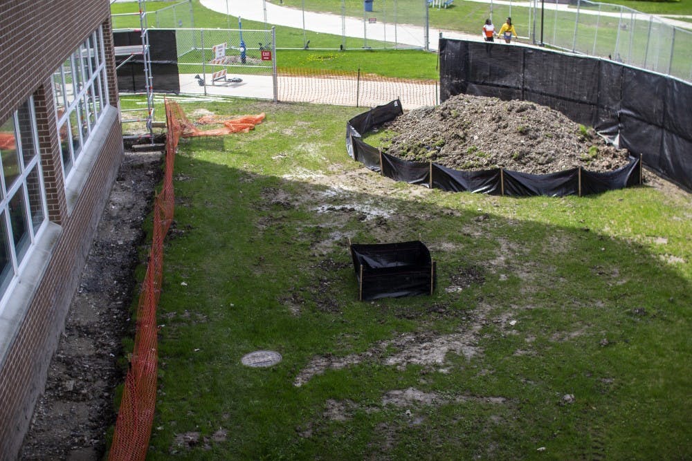 Scaffolding supporting the Center for the Arts during its construction. The construction is expected to last until October 2020.