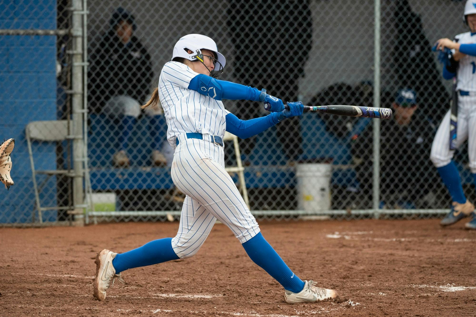 Sophomore infielder Rachel Steffan hits the ball during a game this season.